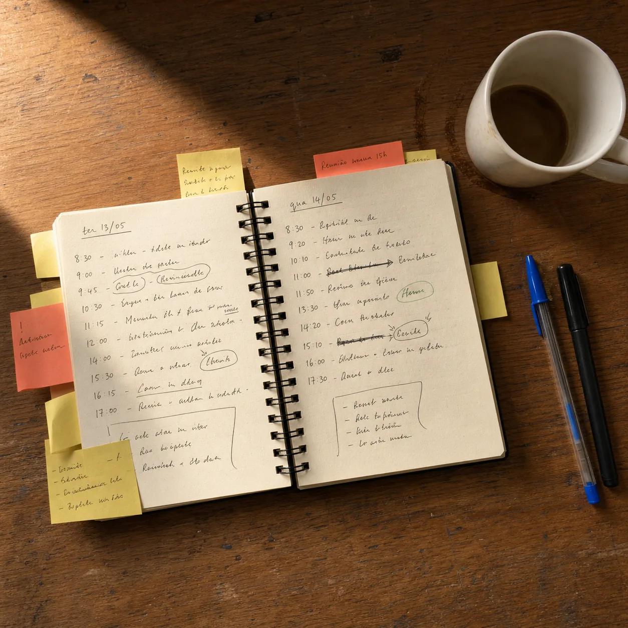 Caderno espiral aberto com agenda manuscrita, post-its e canetas
